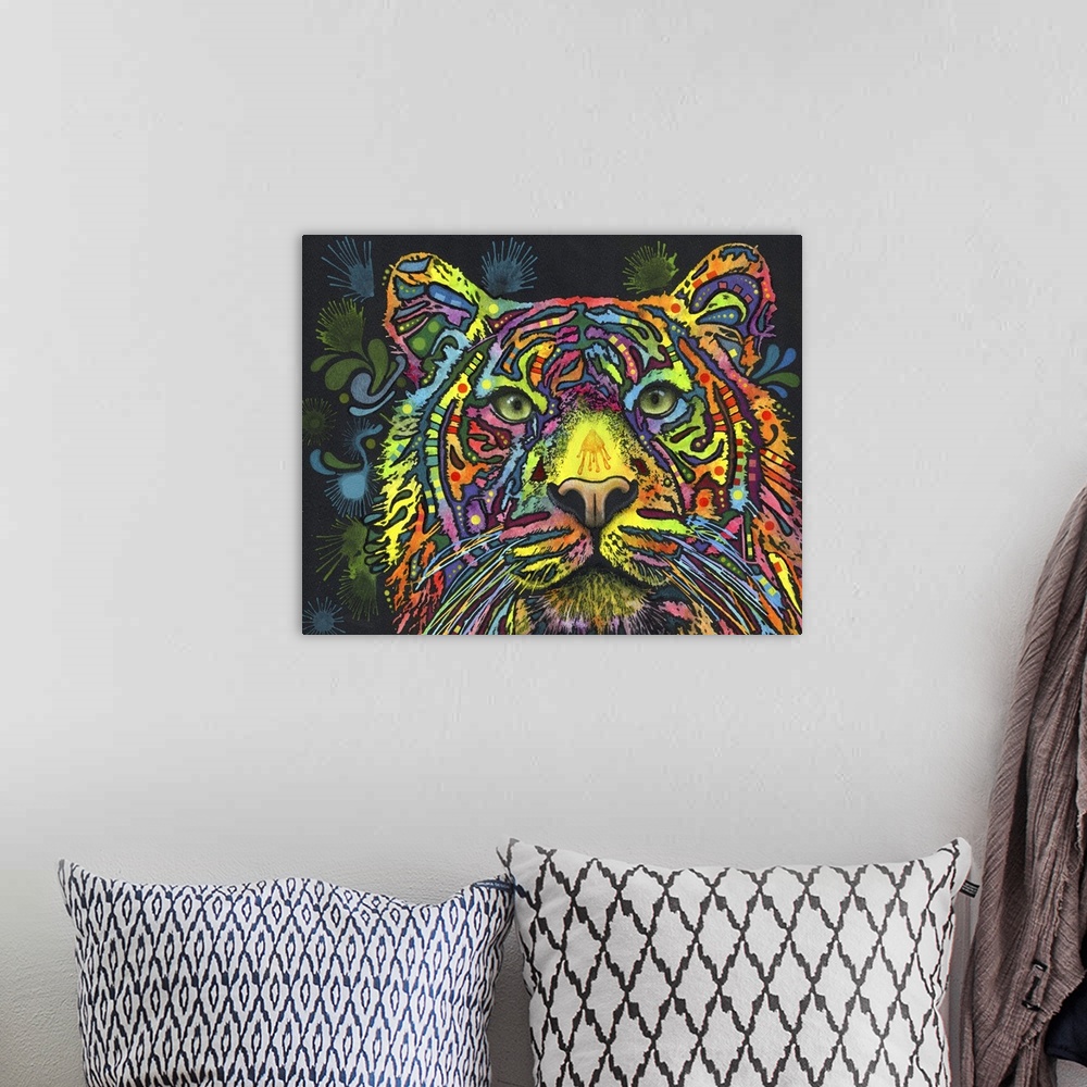 A bohemian room featuring This is a horizontal illustration of a tiger that has been colored with rainbow colors.