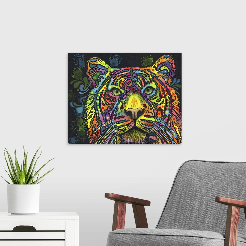 A modern room featuring This is a horizontal illustration of a tiger that has been colored with rainbow colors.