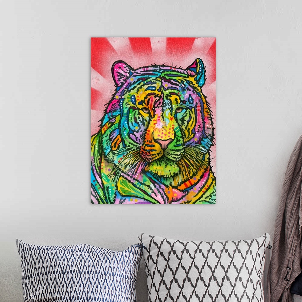 A bohemian room featuring Colorful painting of a Tiger with abstract markings on a red striped background created with spra...