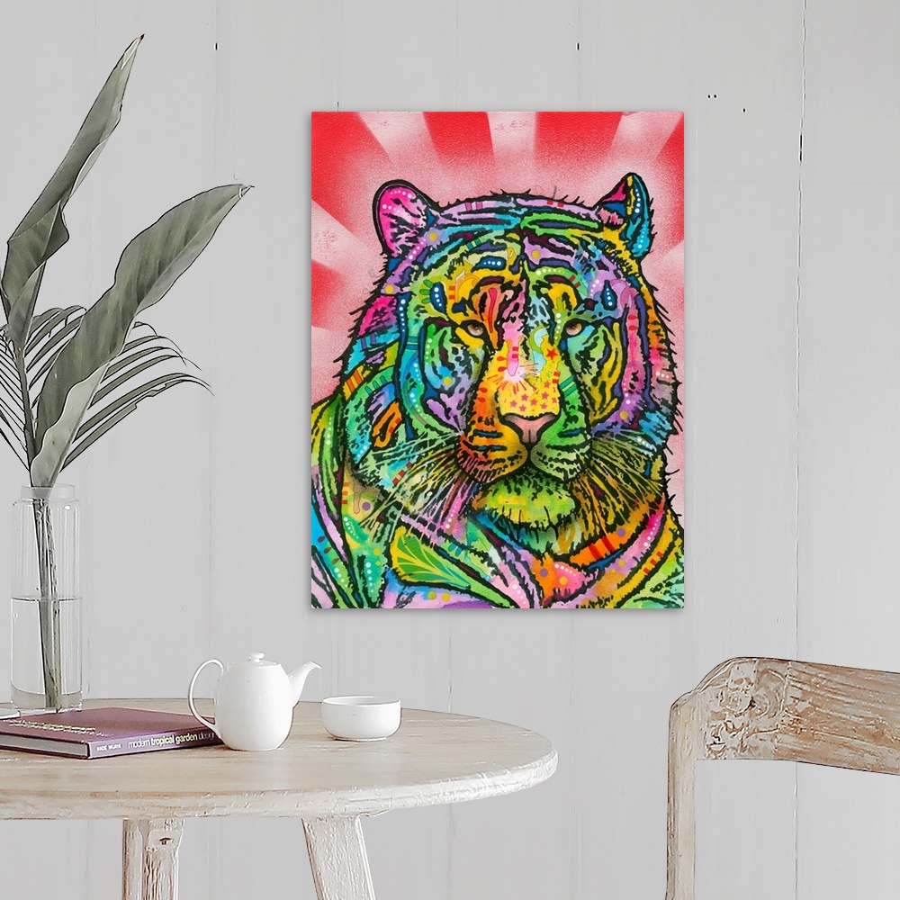 A farmhouse room featuring Colorful painting of a Tiger with abstract markings on a red striped background created with spra...