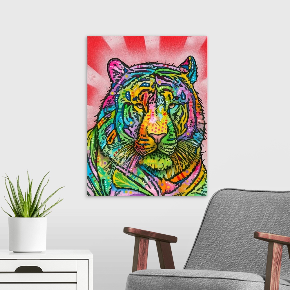A modern room featuring Colorful painting of a Tiger with abstract markings on a red striped background created with spra...