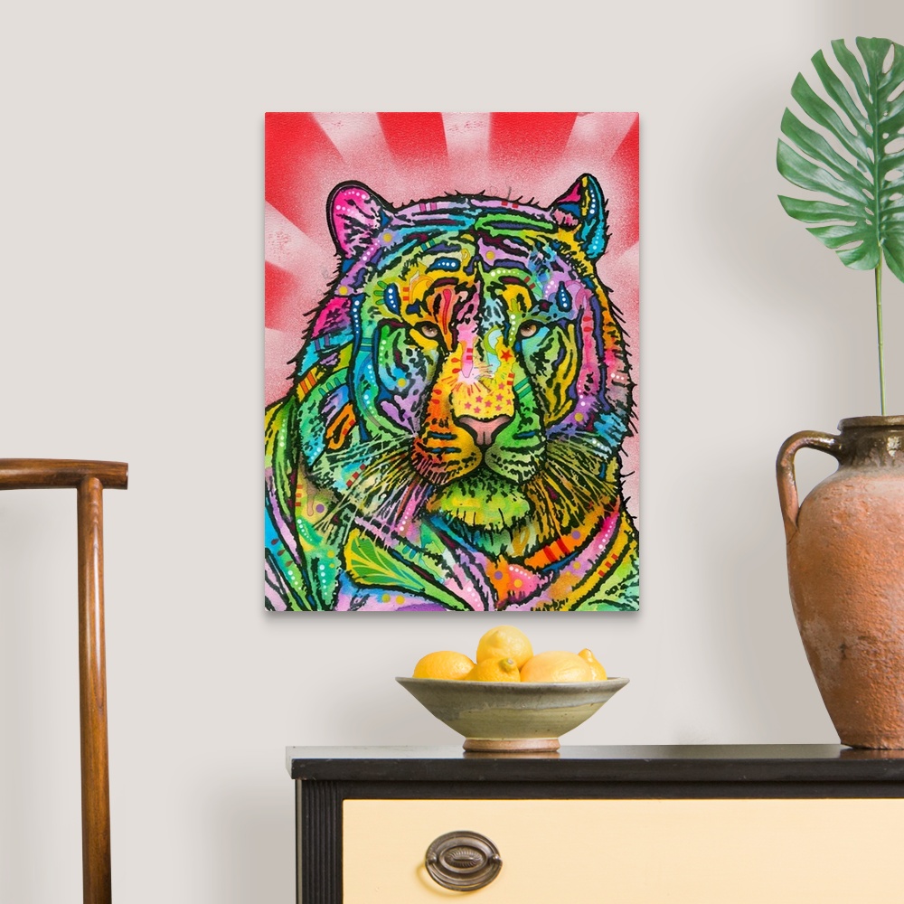A traditional room featuring Colorful painting of a Tiger with abstract markings on a red striped background created with spra...