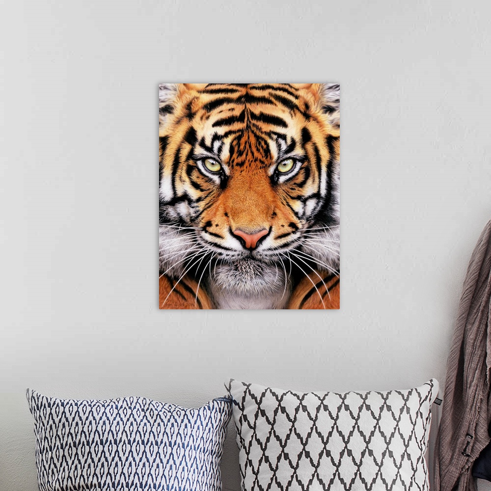 A bohemian room featuring Contemporary painting of a ferocious looking tiger face.
