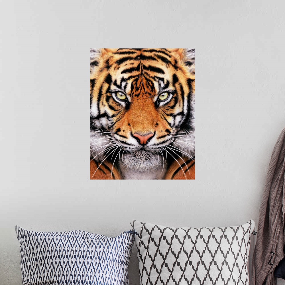 A bohemian room featuring Contemporary painting of a ferocious looking tiger face.