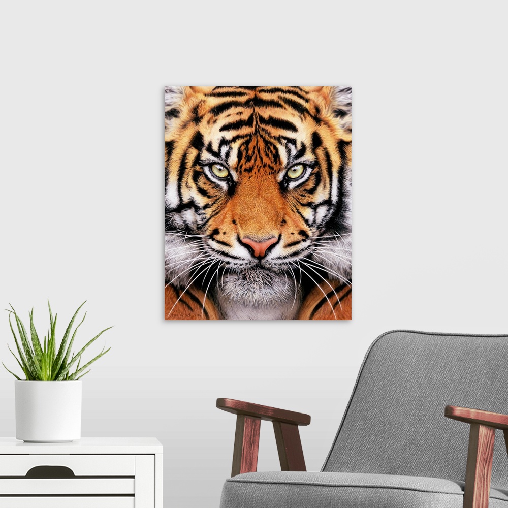 A modern room featuring Contemporary painting of a ferocious looking tiger face.