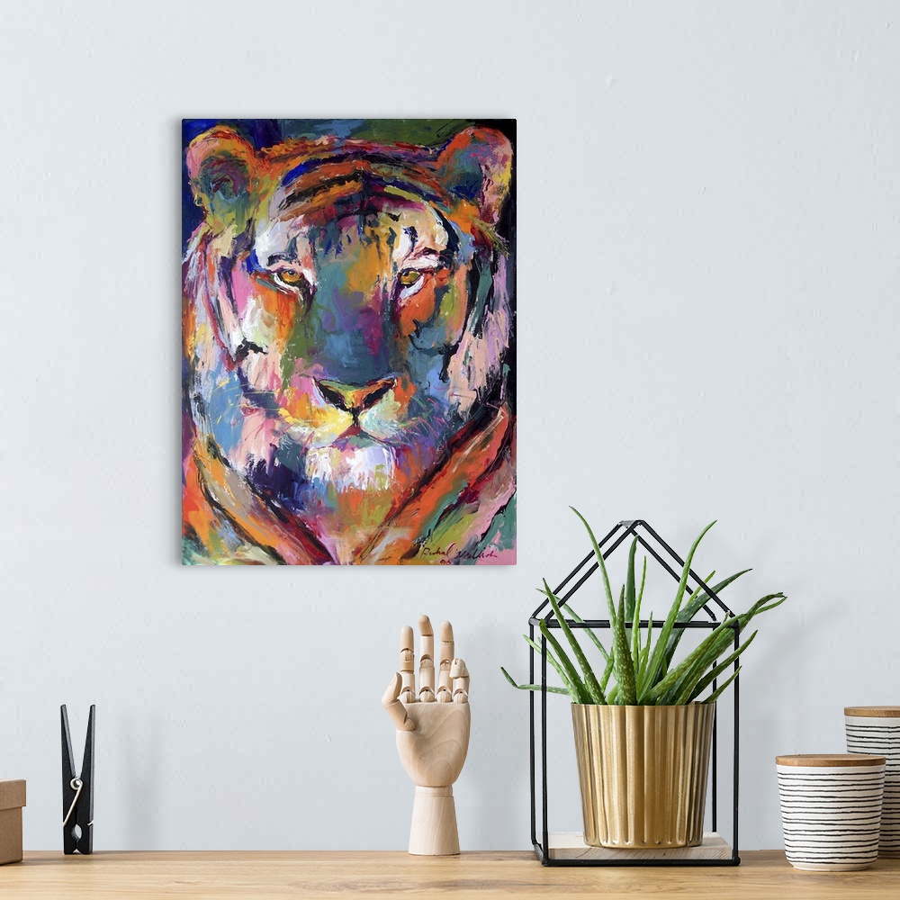 A bohemian room featuring Contemporary vibrant colorful painting of a tiger.