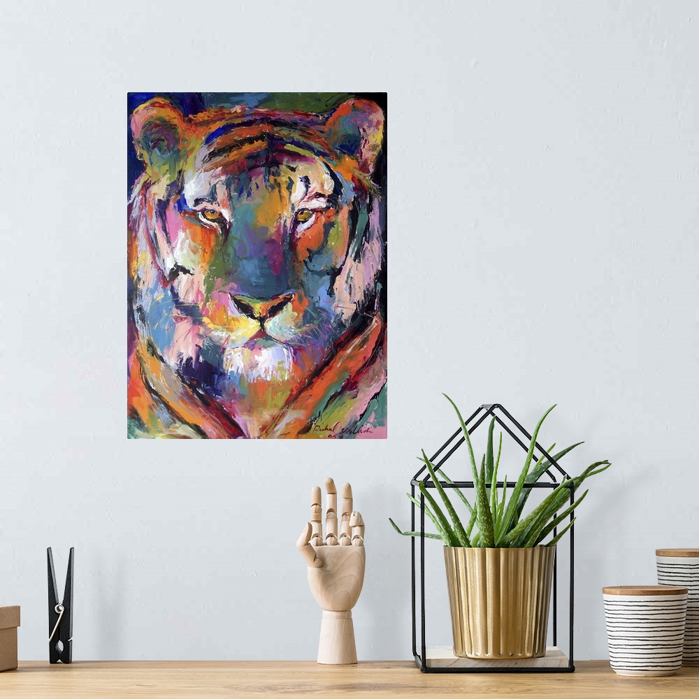 A bohemian room featuring Contemporary vibrant colorful painting of a tiger.