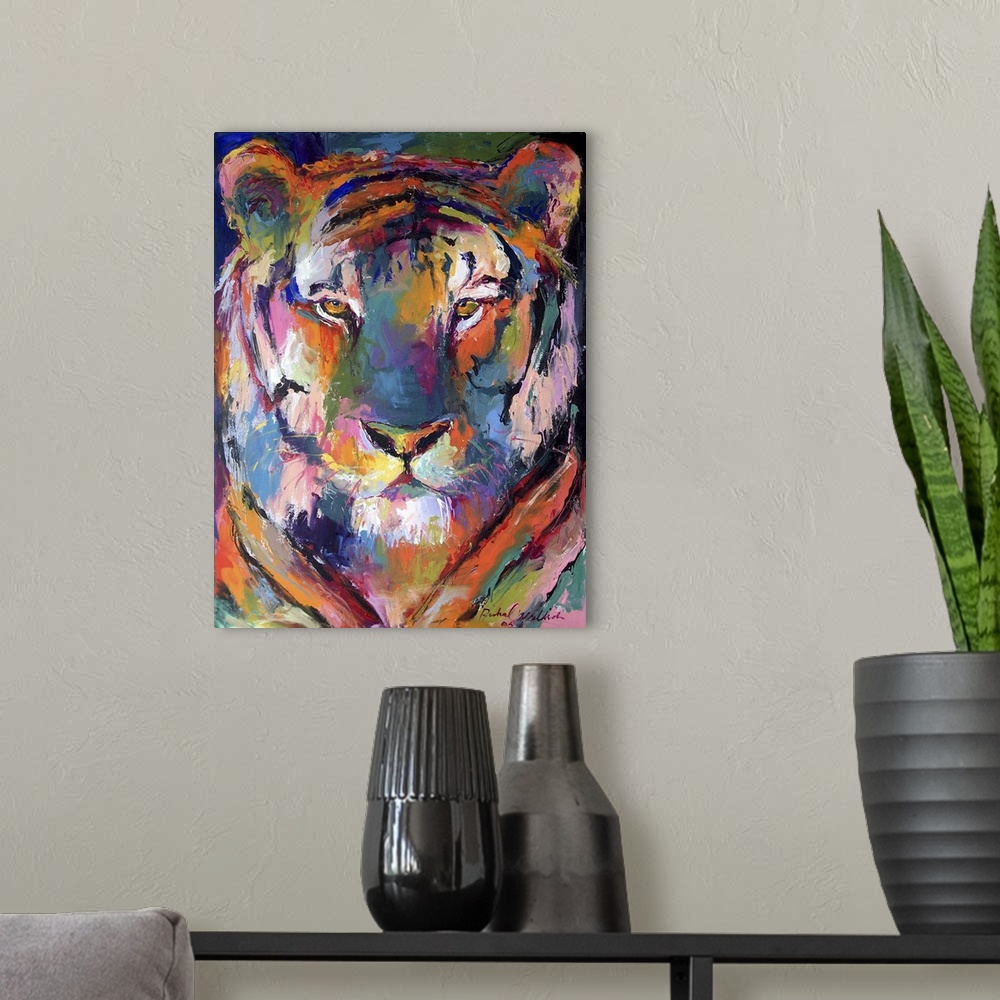 A modern room featuring Contemporary vibrant colorful painting of a tiger.