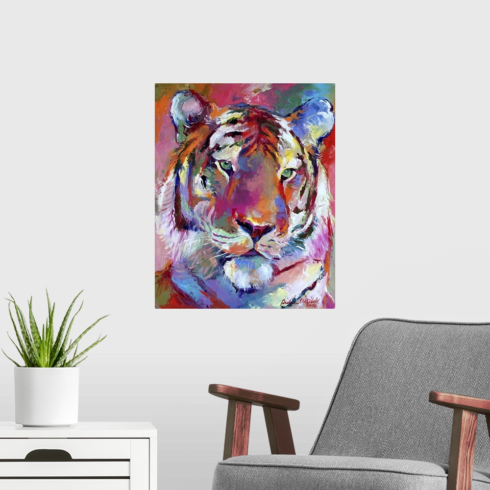 A modern room featuring Contemporary vibrant colorful painting of a tiger.