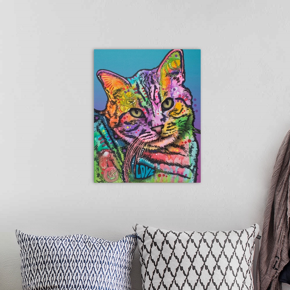 A bohemian room featuring Colorful illustration of a cat with abstract designs all over on a blue to purple gradient backgr...