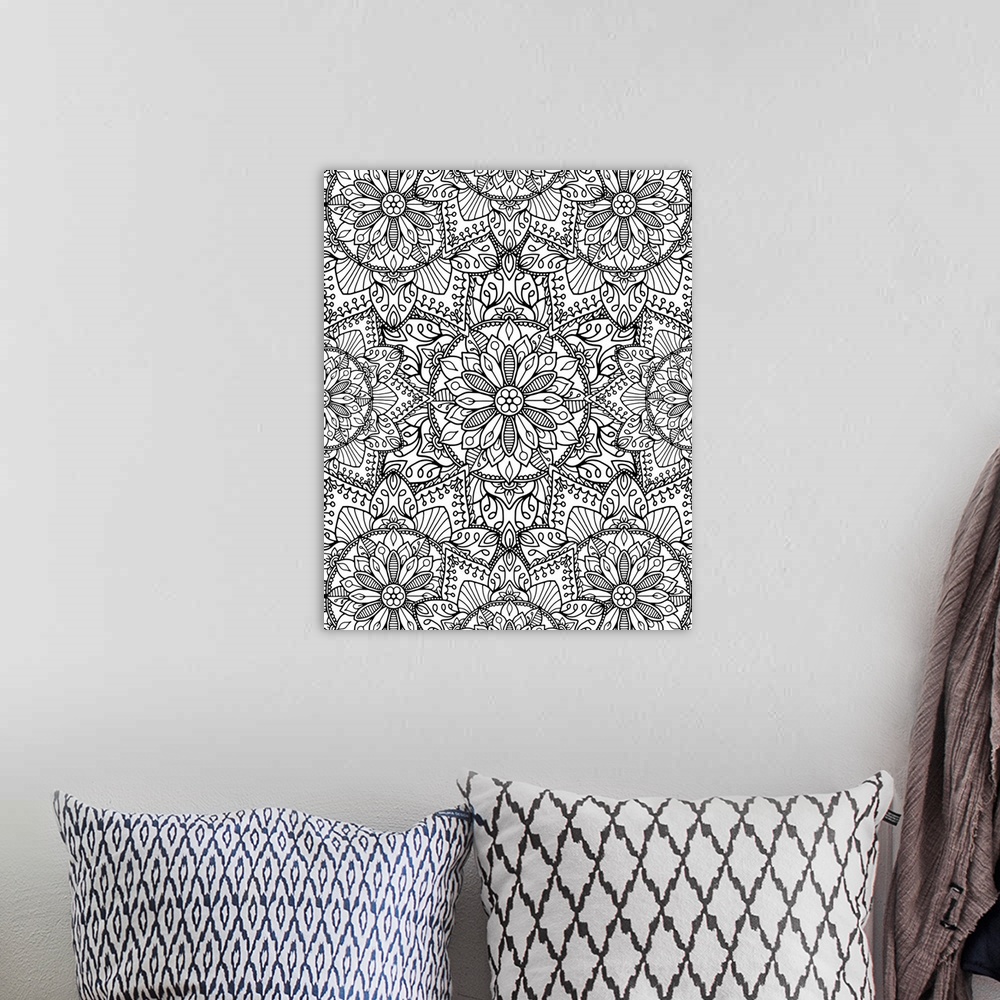 A bohemian room featuring A kaleidoscopic lineart pattern with star and flower shapes.