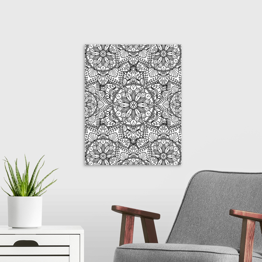 A modern room featuring A kaleidoscopic lineart pattern with star and flower shapes.