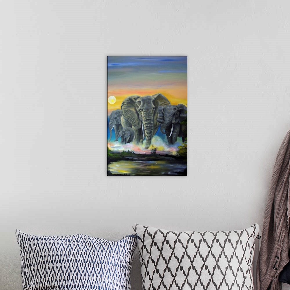 A bohemian room featuring Contemporary artwork of elephants running through a stream at sunset.