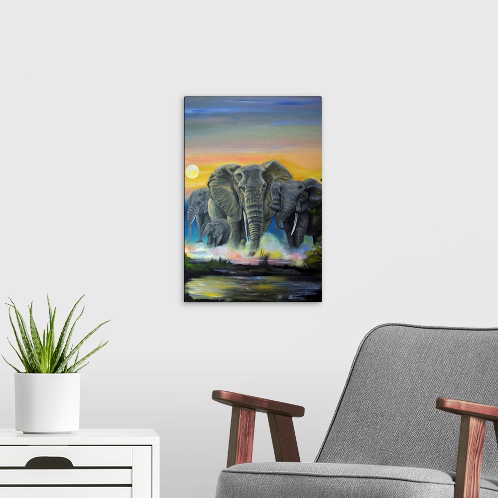 A modern room featuring Contemporary artwork of elephants running through a stream at sunset.