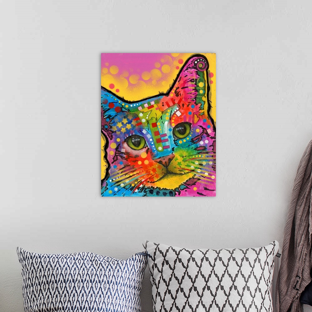 A bohemian room featuring Colorful painting of a cat with geometric abstract markings on a pink and yellow background with ...