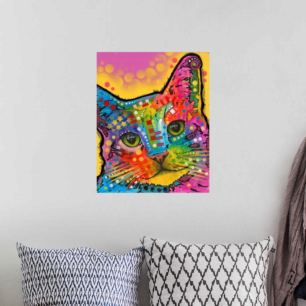A bohemian room featuring Colorful painting of a cat with geometric abstract markings on a pink and yellow background with ...