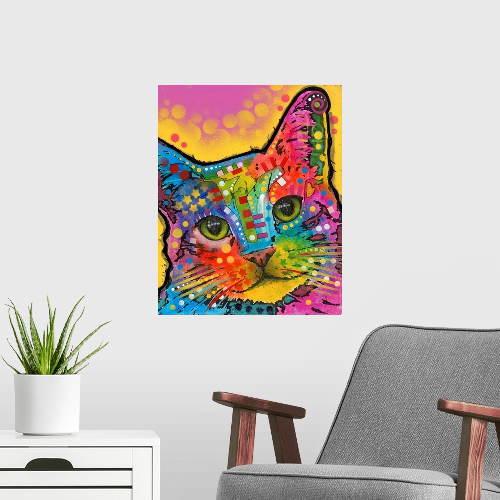 A modern room featuring Colorful painting of a cat with geometric abstract markings on a pink and yellow background with ...