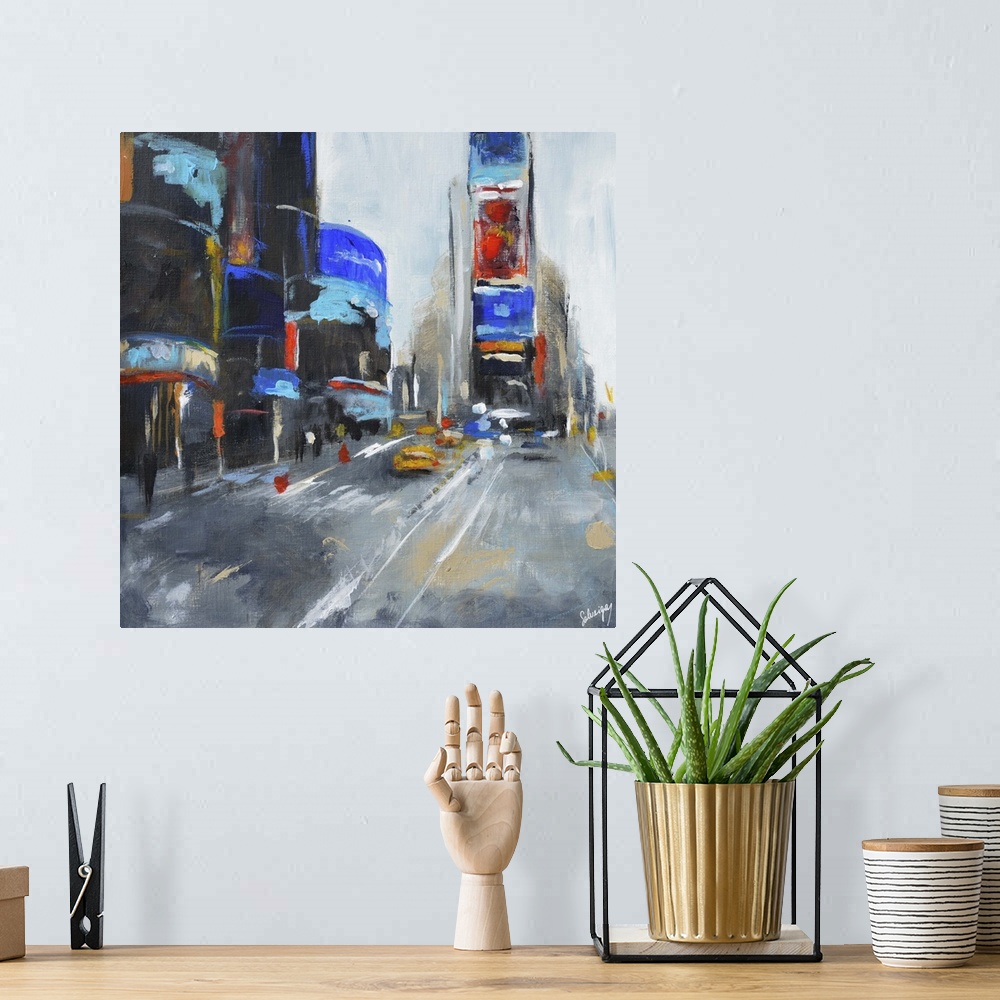 A bohemian room featuring Contemporary painting of a Times Square in New York City.