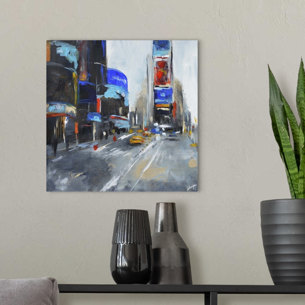 A modern room featuring Contemporary painting of a Times Square in New York City.