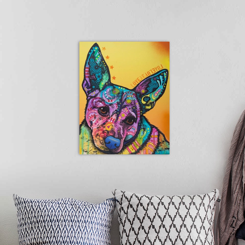 A bohemian room featuring Pop art style painting of a a dog with tall ears lined with stars and the word "love" backwards a...