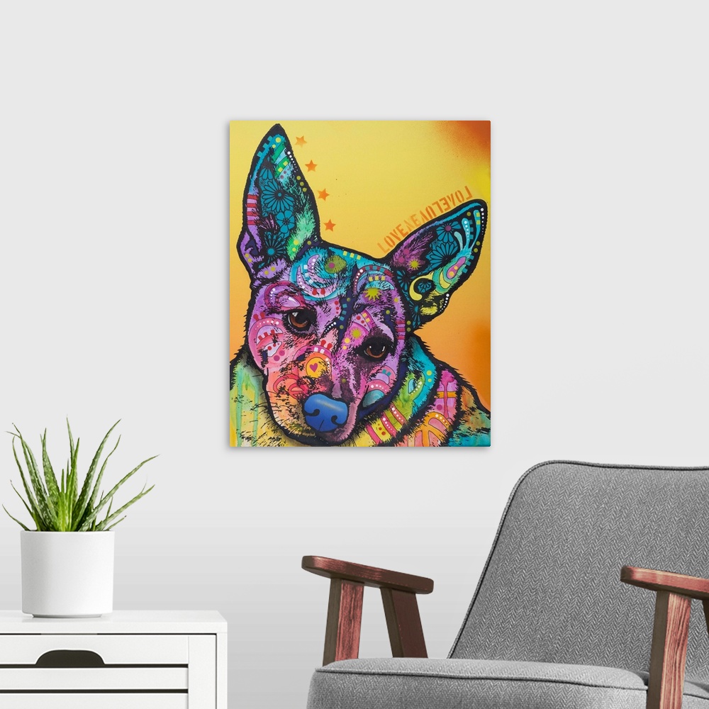 A modern room featuring Pop art style painting of a a dog with tall ears lined with stars and the word "love" backwards a...