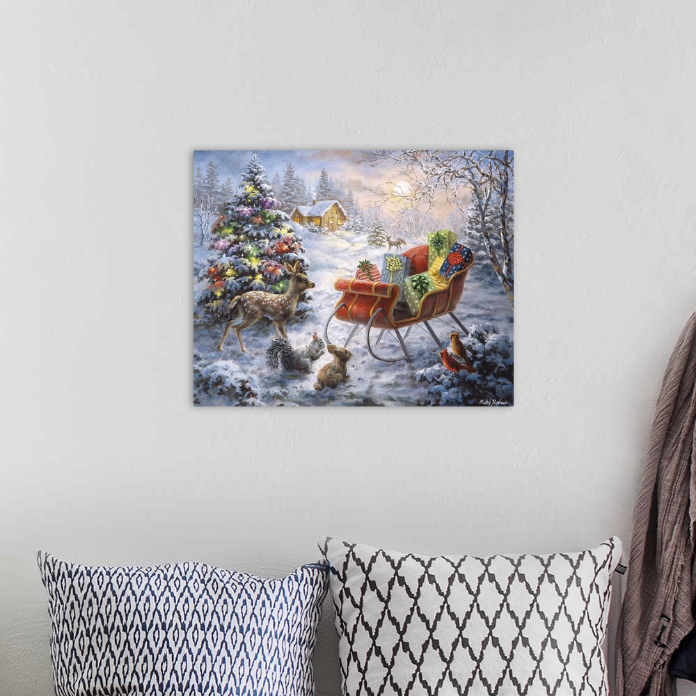 A bohemian room featuring Painting of woodland scene featuring a large Christmas tree. Product is a painting reproduction o...