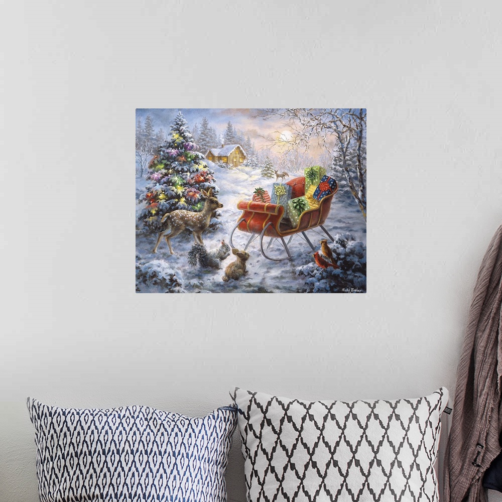 A bohemian room featuring Painting of woodland scene featuring a large Christmas tree. Product is a painting reproduction o...