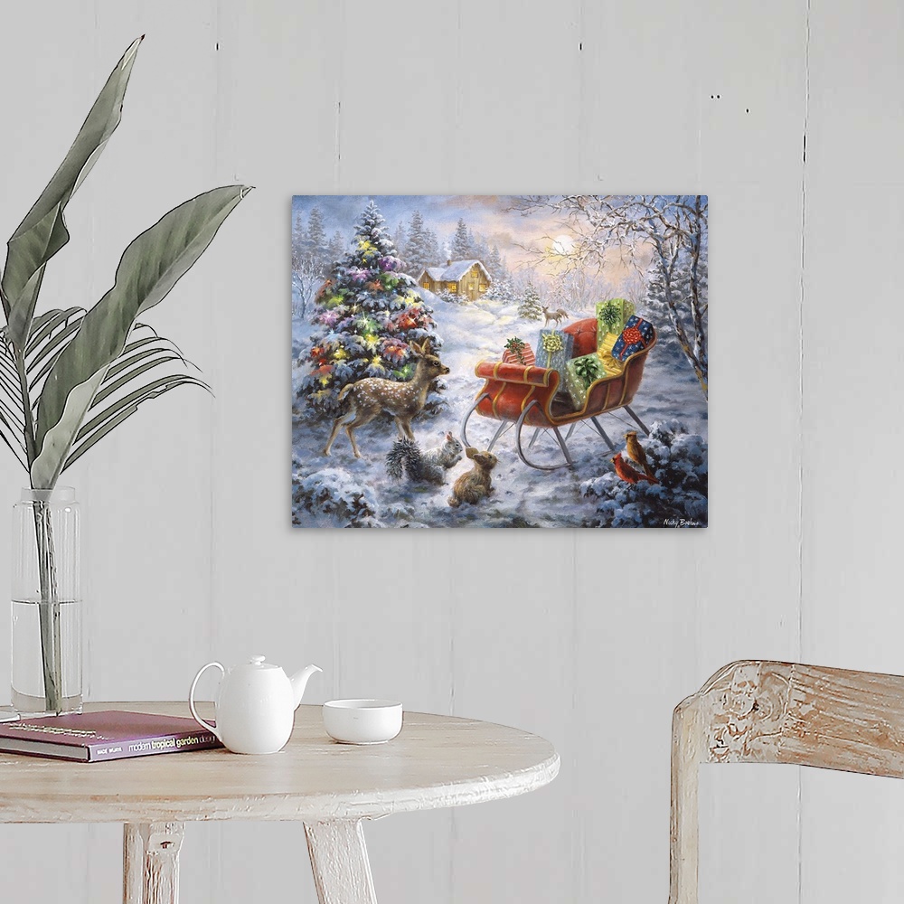 A farmhouse room featuring Painting of woodland scene featuring a large Christmas tree. Product is a painting reproduction o...