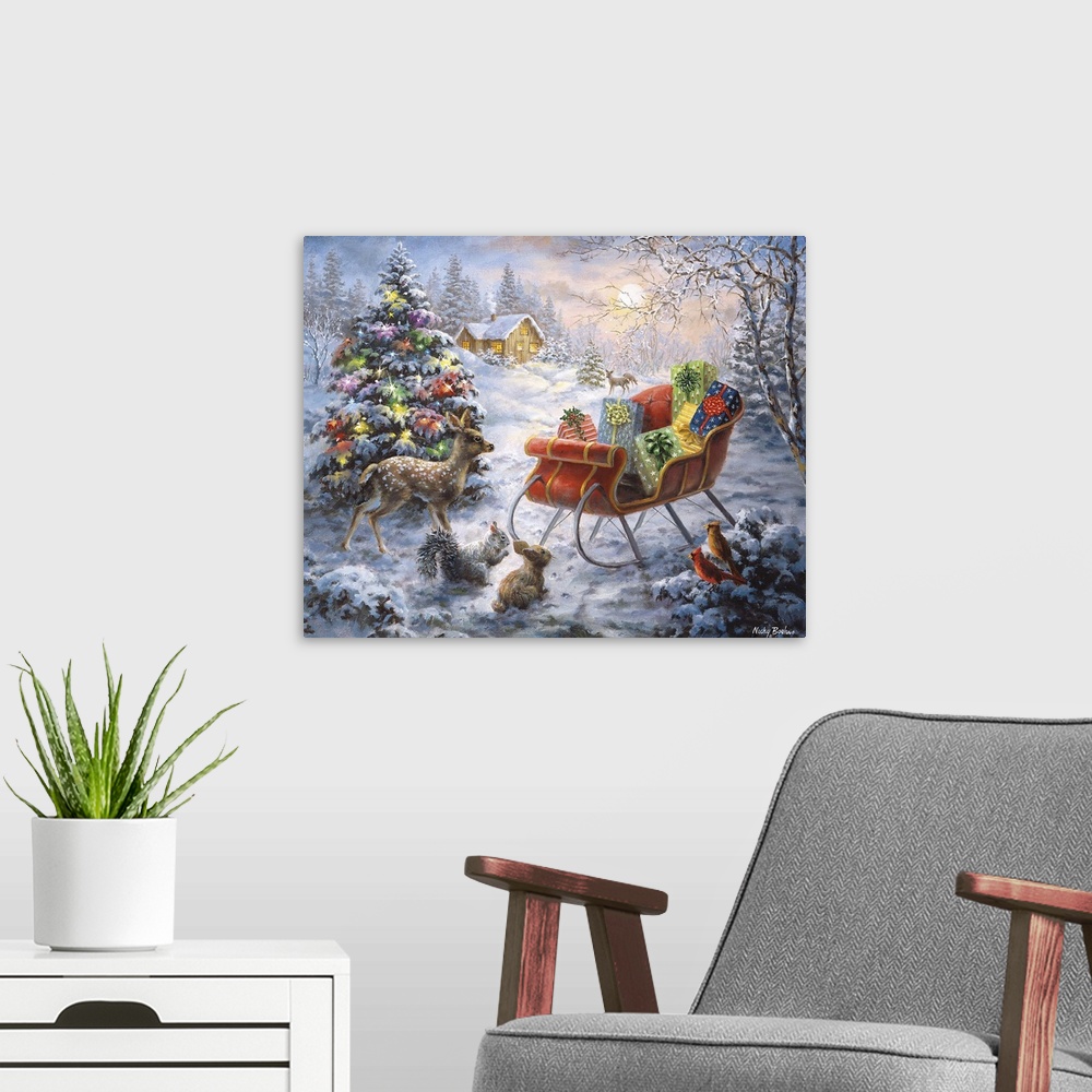 A modern room featuring Painting of woodland scene featuring a large Christmas tree. Product is a painting reproduction o...