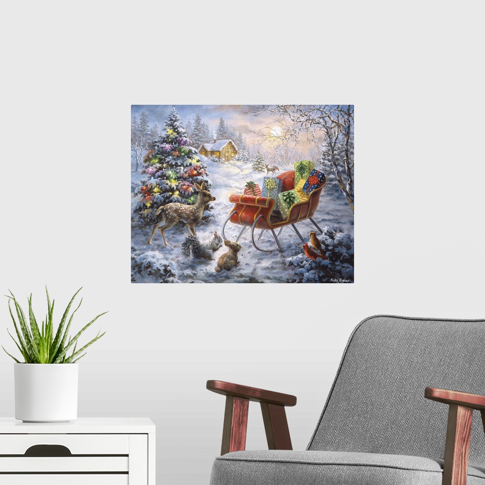 A modern room featuring Painting of woodland scene featuring a large Christmas tree. Product is a painting reproduction o...