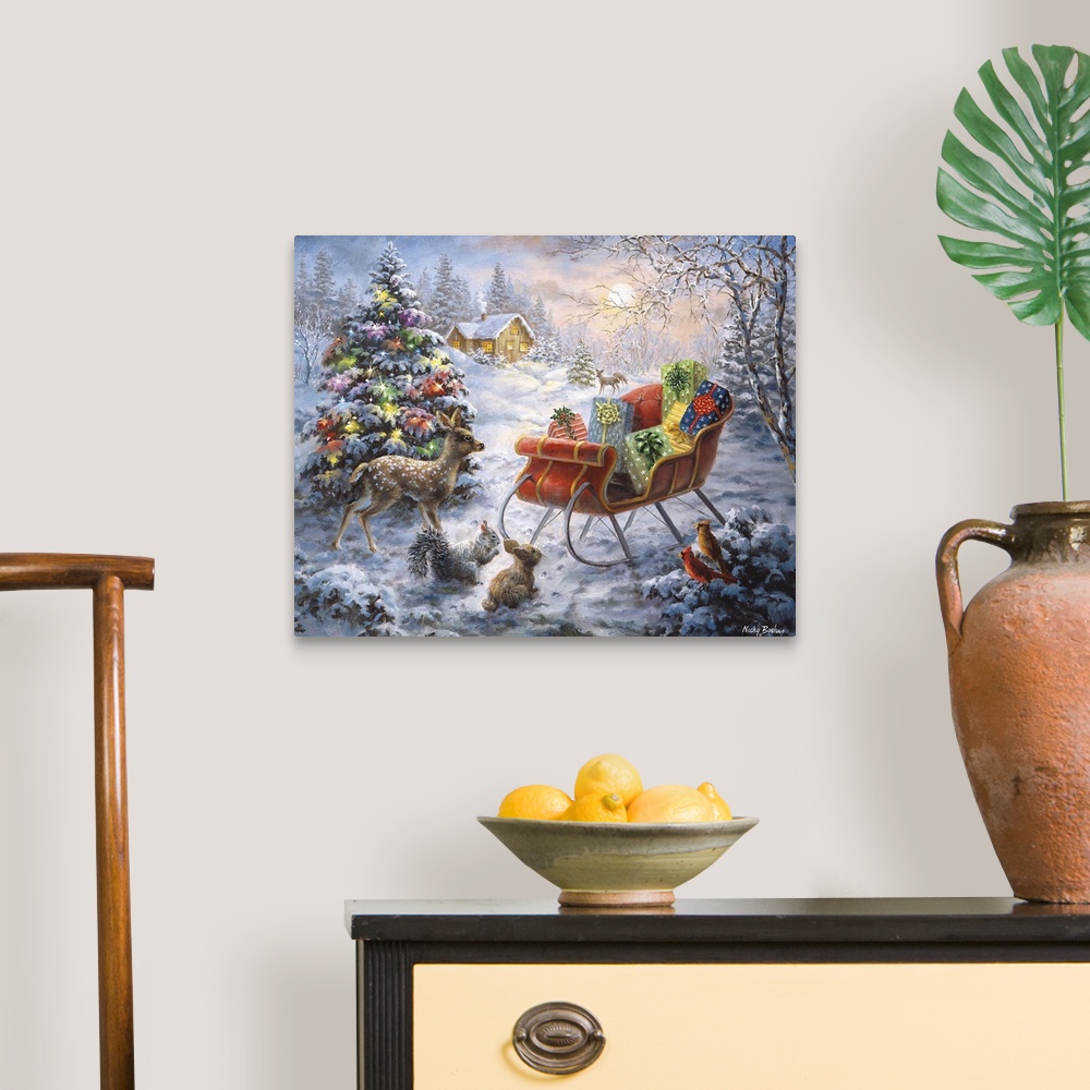 A traditional room featuring Painting of woodland scene featuring a large Christmas tree. Product is a painting reproduction o...