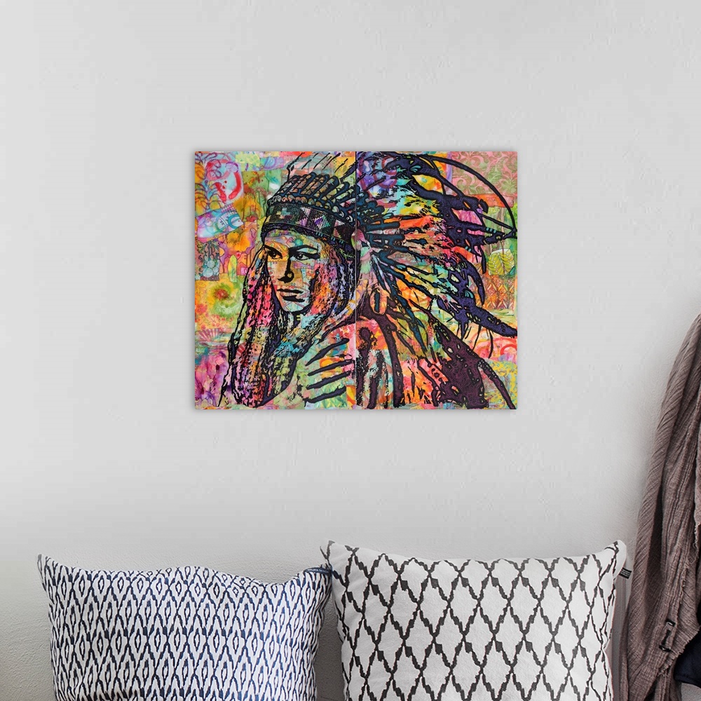 A bohemian room featuring Colorful illustration of Tiva in a head dress on a collage-like background.