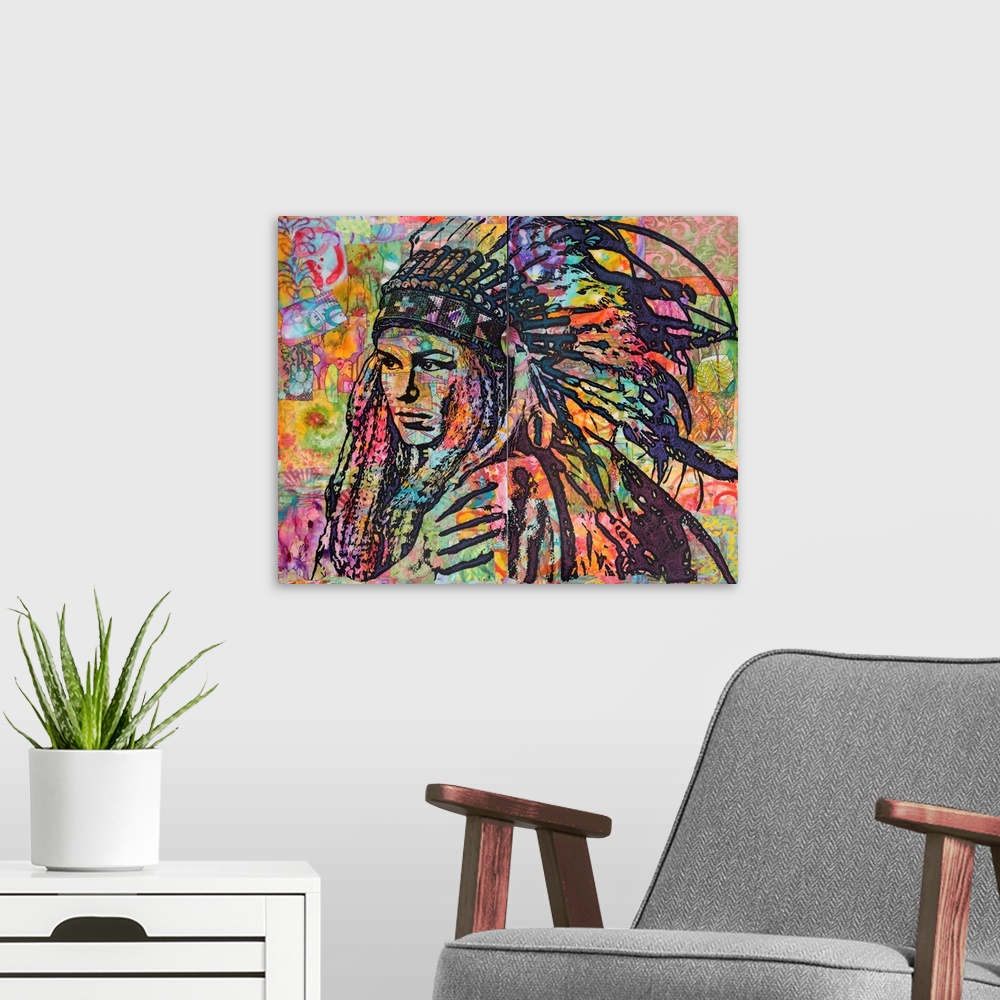 A modern room featuring Colorful illustration of Tiva in a head dress on a collage-like background.
