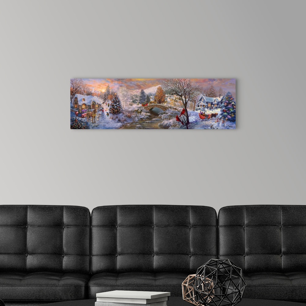 A modern room featuring A quaint panoramic holiday scene of people riding in horse-drawn sleighs on a late afternoon in w...