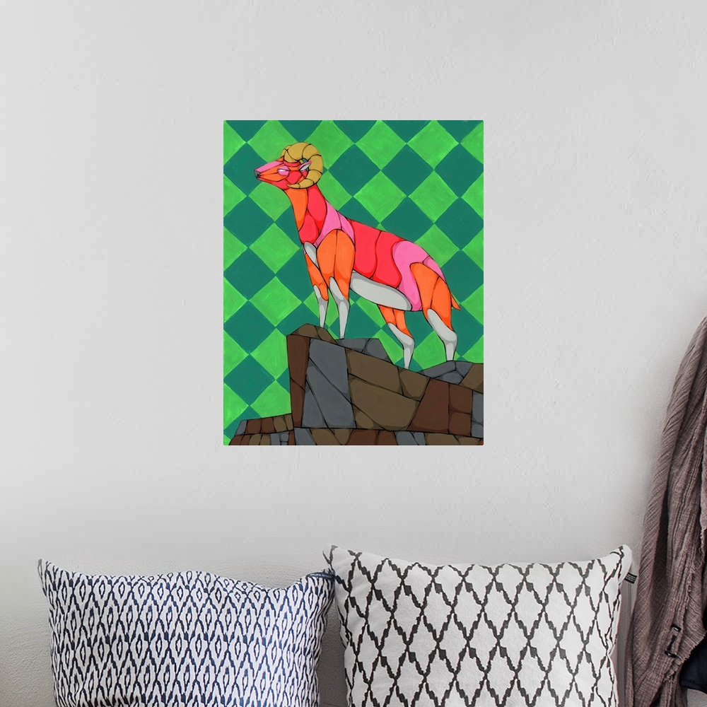 A bohemian room featuring Colorful painting of a ram on top of a cliff with a green diamond patterned background.
