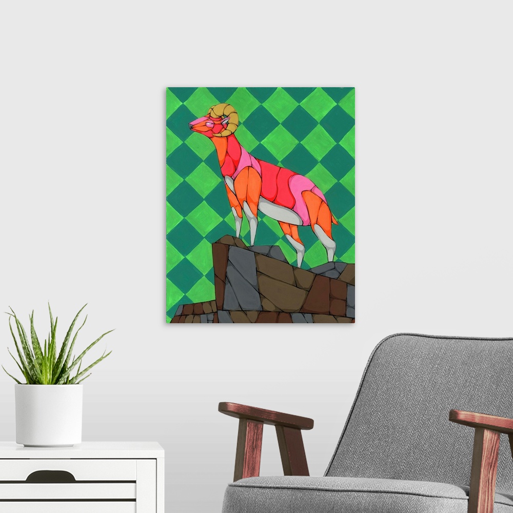 A modern room featuring Colorful painting of a ram on top of a cliff with a green diamond patterned background.