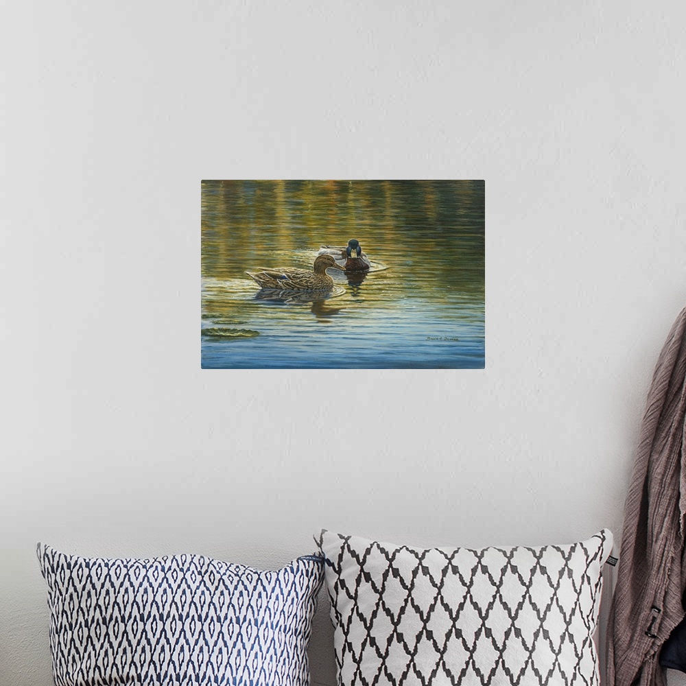 A bohemian room featuring Contemporary artwork of two ducks in water.