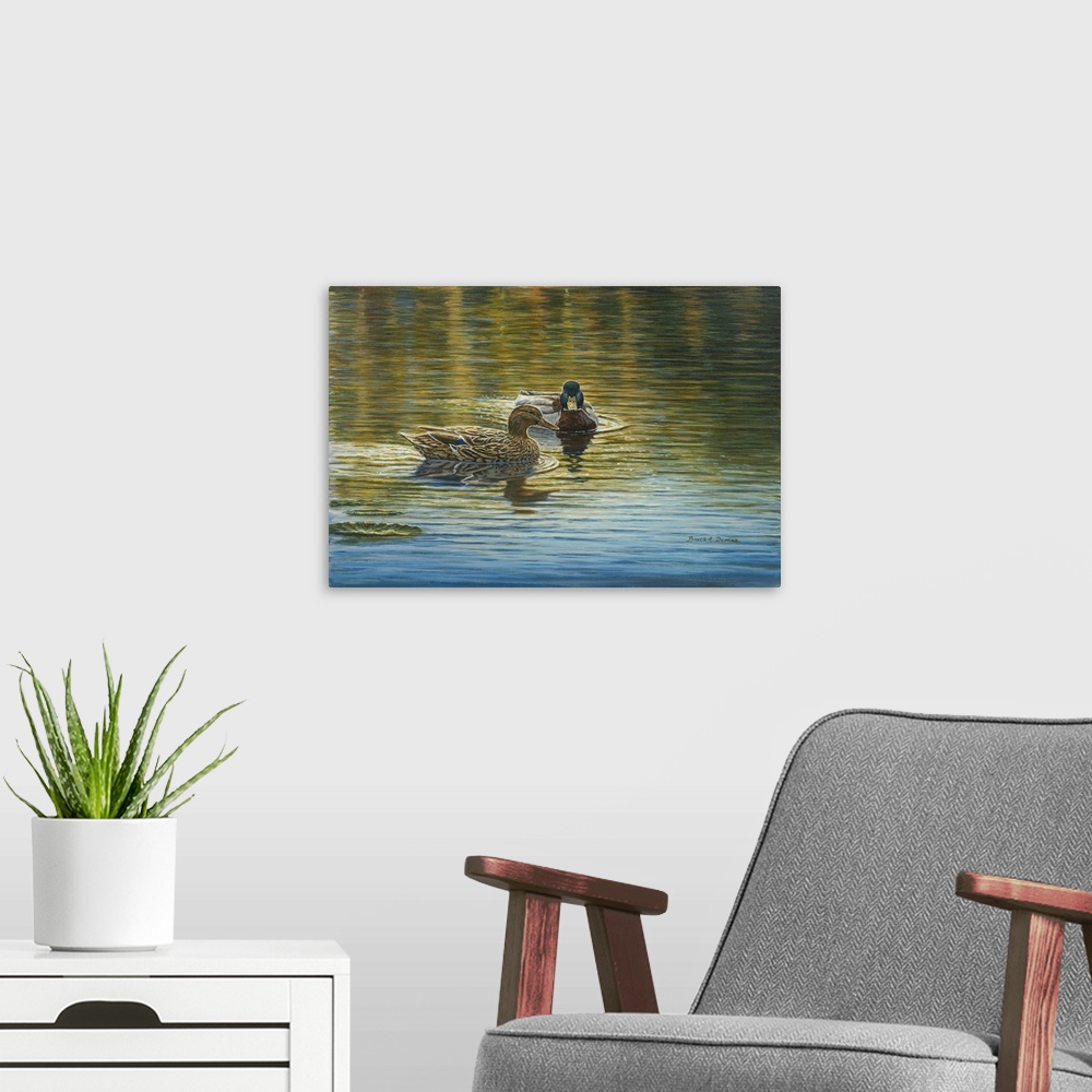 A modern room featuring Contemporary artwork of two ducks in water.