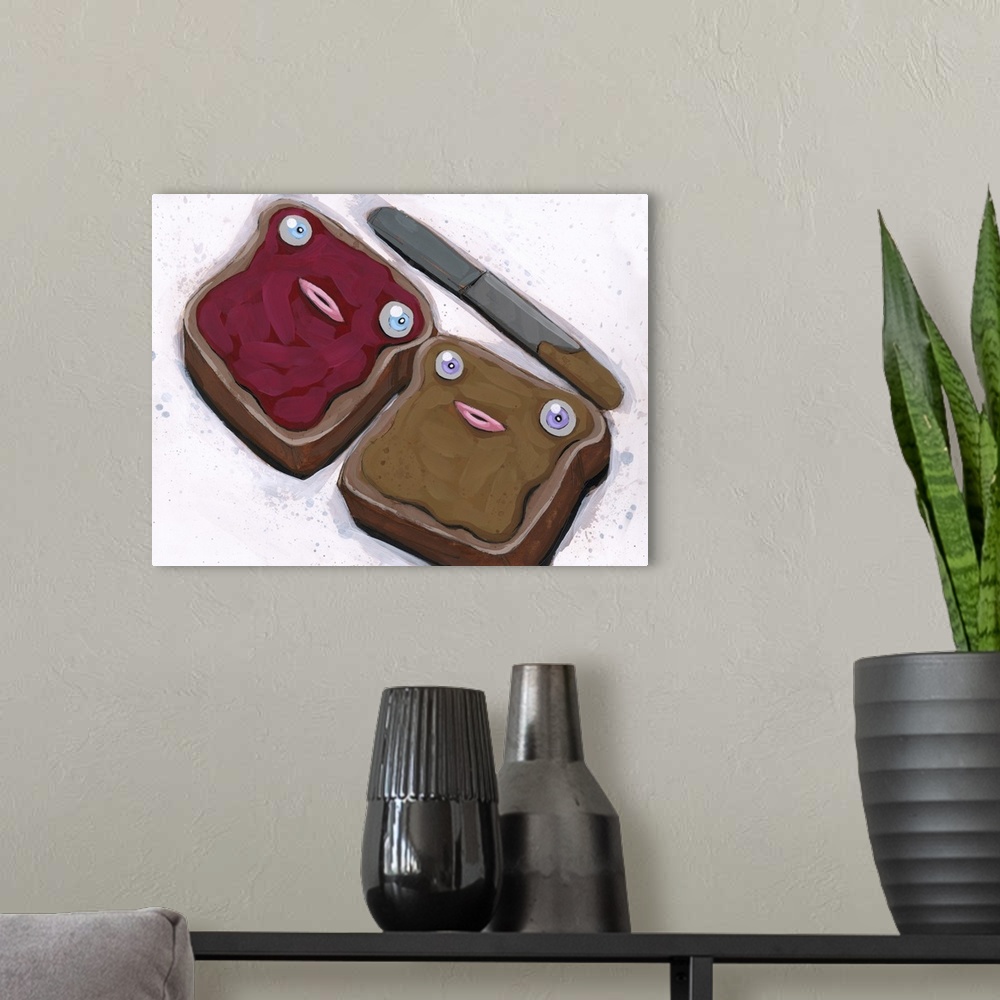 A modern room featuring Pop art painting of two pieces of toast with peanut butter and jelly.