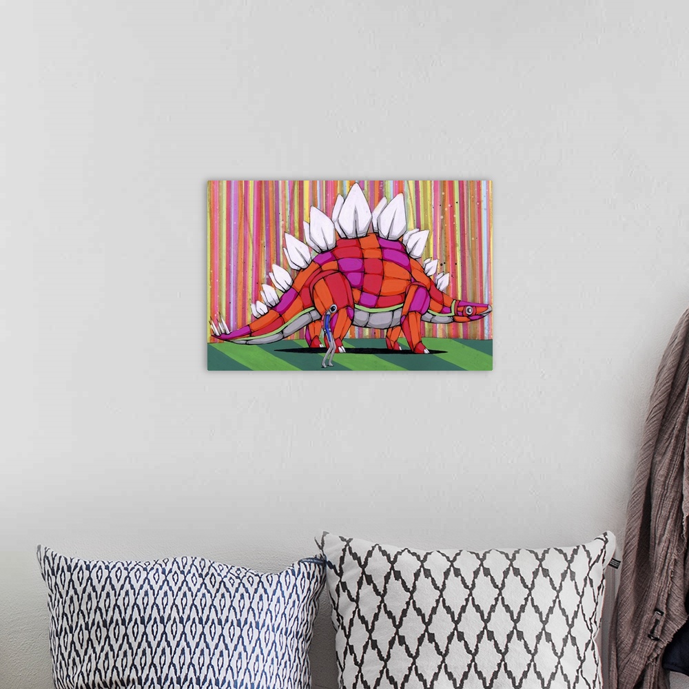 A bohemian room featuring Pop art painting of a man walking with a stegosaurus.