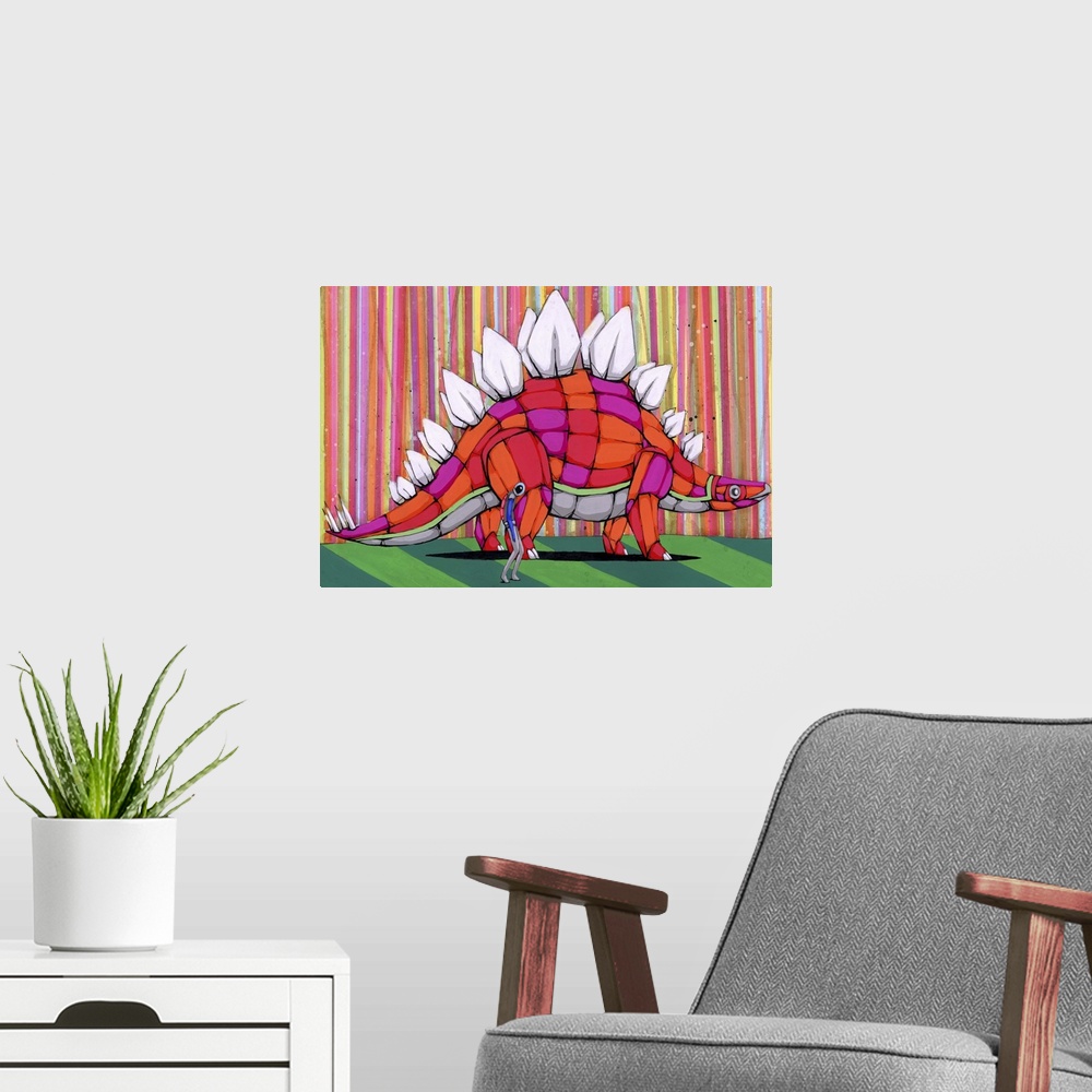 A modern room featuring Pop art painting of a man walking with a stegosaurus.