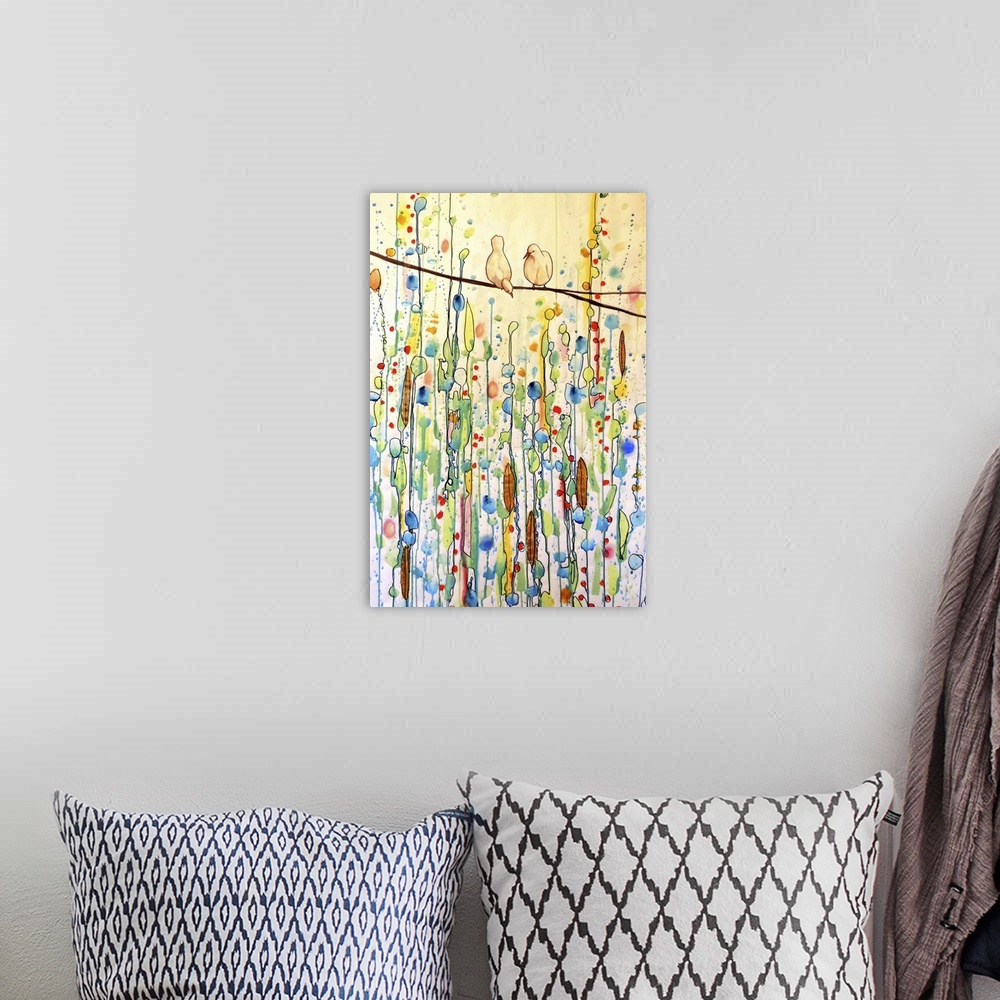 A bohemian room featuring Colorful contemporary watercolor painting of two pale yellow birds perched on a branch against a ...