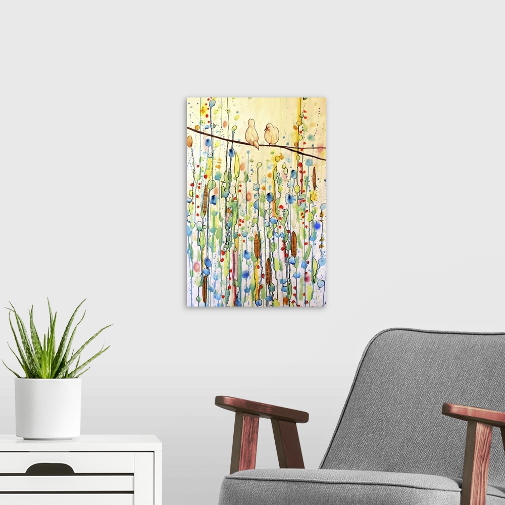 A modern room featuring Colorful contemporary watercolor painting of two pale yellow birds perched on a branch against a ...