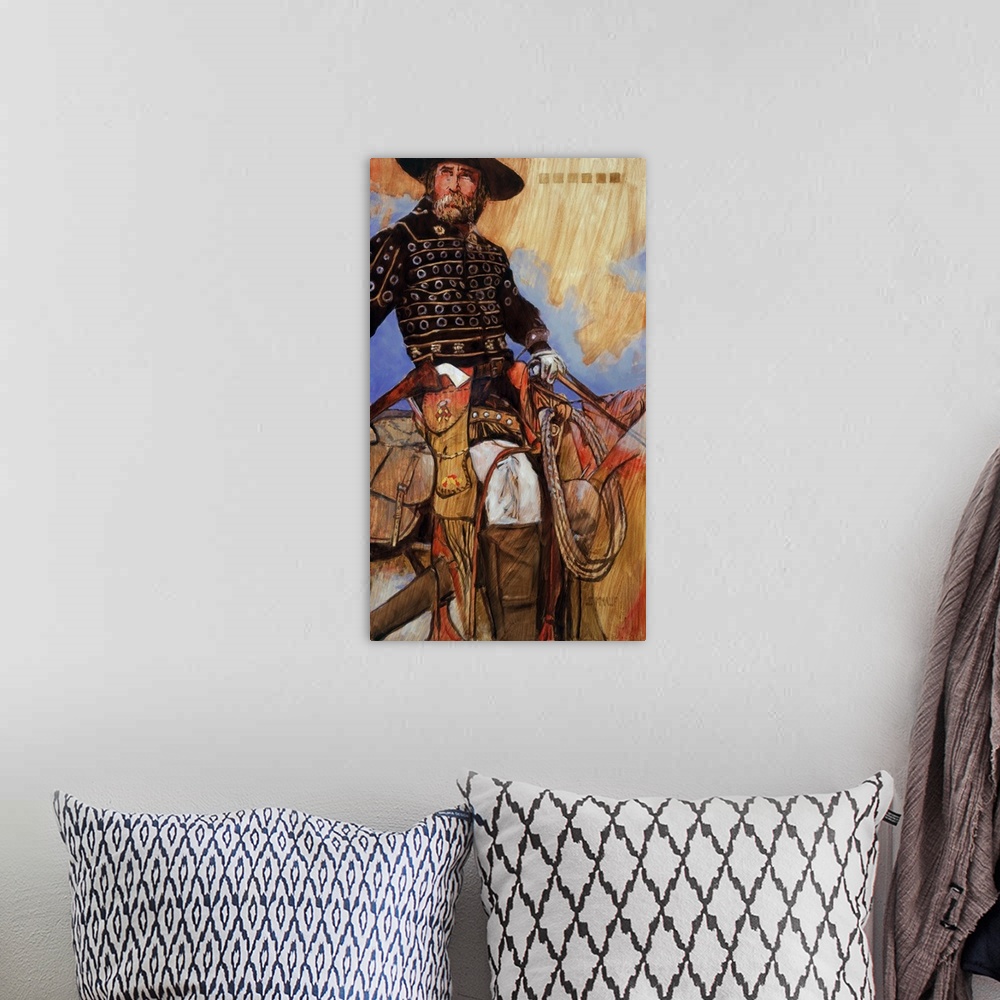 A bohemian room featuring Contemporary western theme painting of a cowboy on horseback.