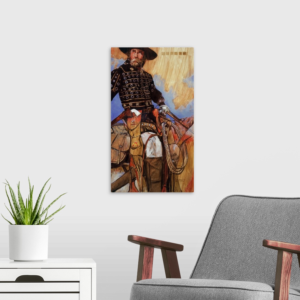 A modern room featuring Contemporary western theme painting of a cowboy on horseback.