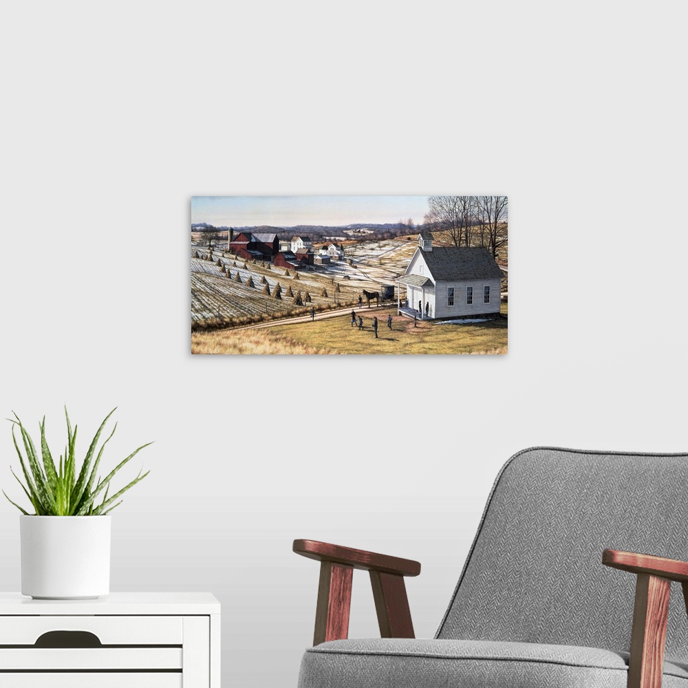 A modern room featuring New England landscape winter-children playing in yard in front of school house, farms and houses ...