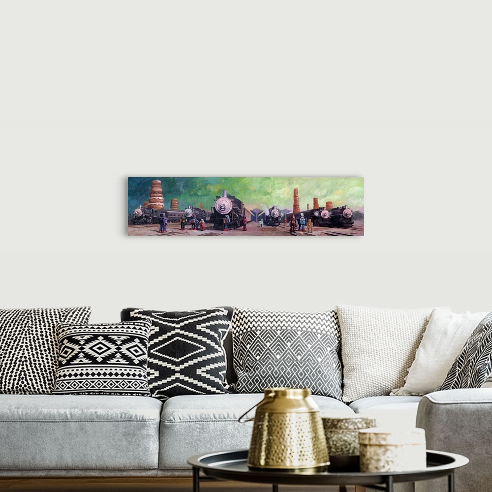 A bohemian room featuring A contemporary painting of different colored retro toy robots standing in a train yard with giant...