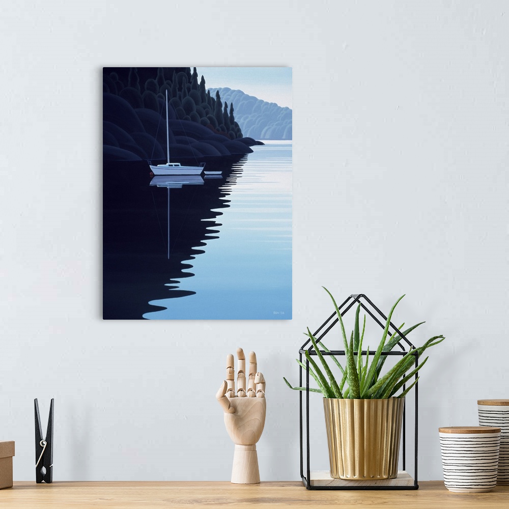 A bohemian room featuring Sailboat moored in water.