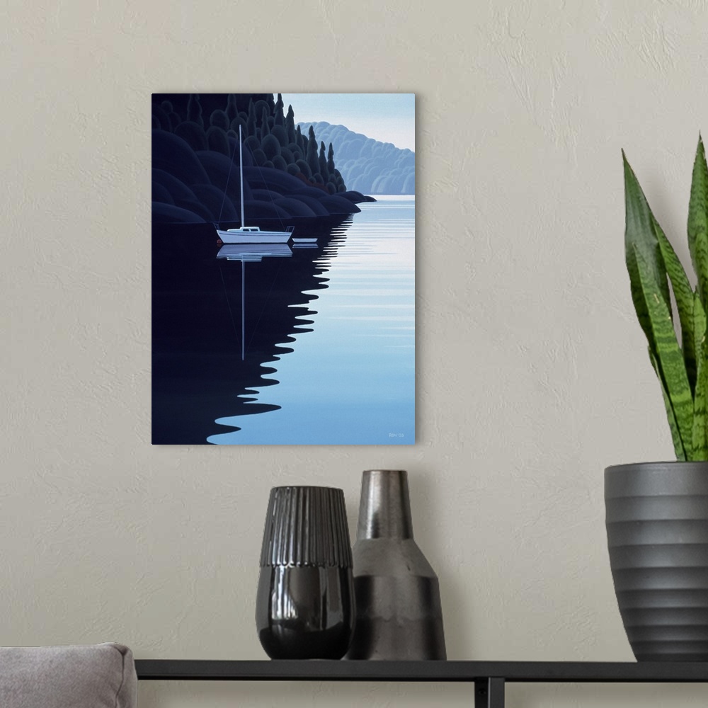 A modern room featuring Sailboat moored in water.