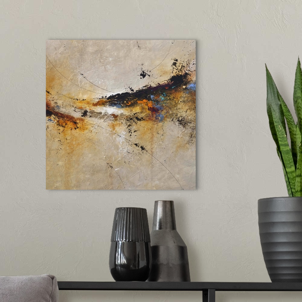 A modern room featuring Contemporary abstract painting in beige, blue, black, and amber.